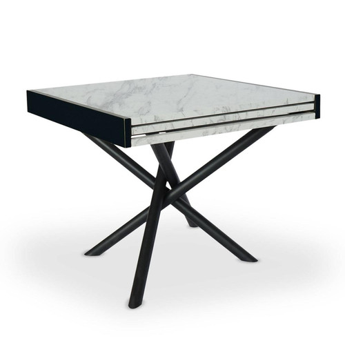 3S. x Home - Table extensible moderne L90-180cm Métal noir et Bois effet marbre blanc  - Table basse blanche design