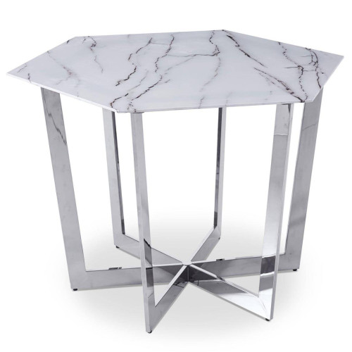 3S. x Home - Table hexagonale 120cm Zadig Verre Effet marbre blanc et pied Métal Argent - Table basse blanche design