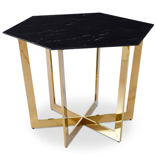 3S. x Home - Table hexagonale 120cm Zadig Verre Effet marbre noir et pied Métal Or - Table Salle A Manger Design