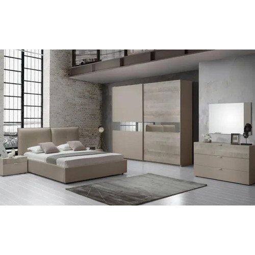 3S. x Home - Chambre complète AGATHA lit 160cm, chevets, armoire, commode et miroir Taupe - Lit Adulte Design
