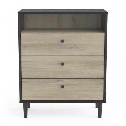 3S. x Home - Commode Style Industriel 3 Tiroirs 1 Niche Noir/Effet Bois ARTY - Meuble deco made in france