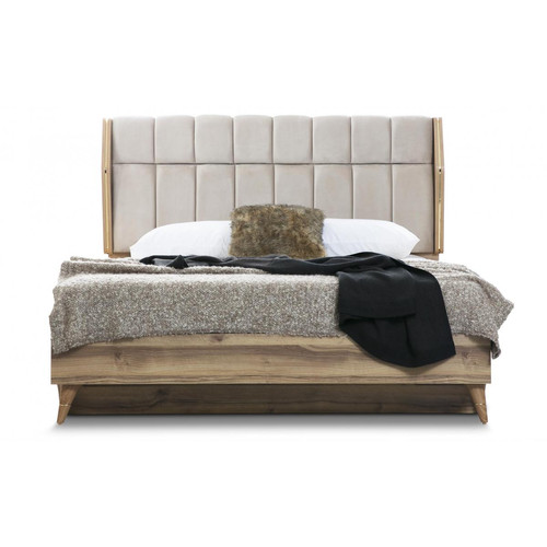 3S. x Home - Lit-coffre complet avec tête de lit et sommier 160cm MANYAS Chêne clair et Velours Beige - Lit Adulte Design