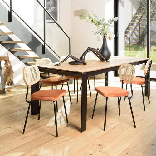 Macabane - Lot de 2 chaises métal noir assise velours ambré dossier rotin  - Meuble Et Déco Design