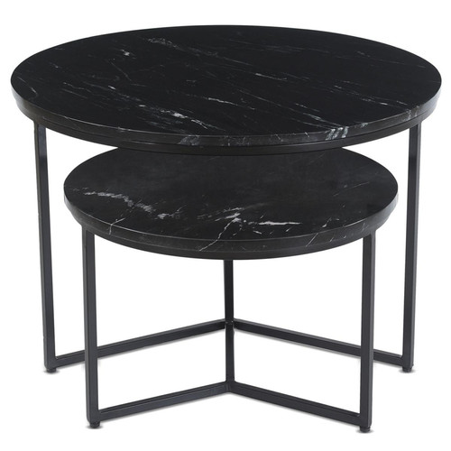 3S. x Home - Lot de 2 tables basses rondes PALMERI Noir et Pierre effet marbre Noir - Le salon