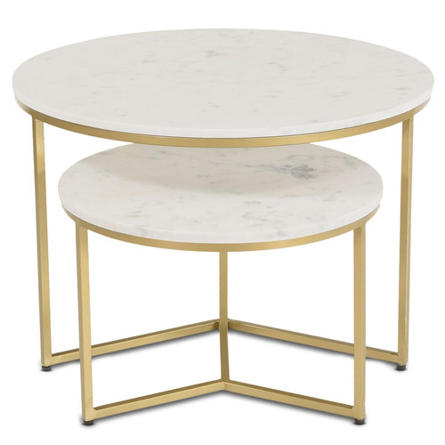 3S. x Home - Lot de 2 tables basses rondes PALMERI Or et Pierre effet marbre Blanc - Table basse