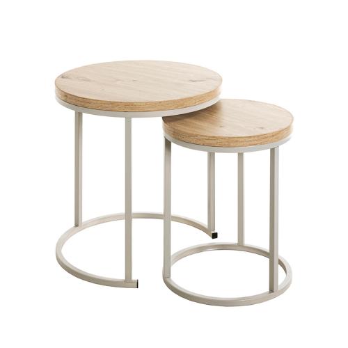 3S. x Home - Lot de 2 tables d'appoint en métal gris plateau décor chêne - Table Basse Design