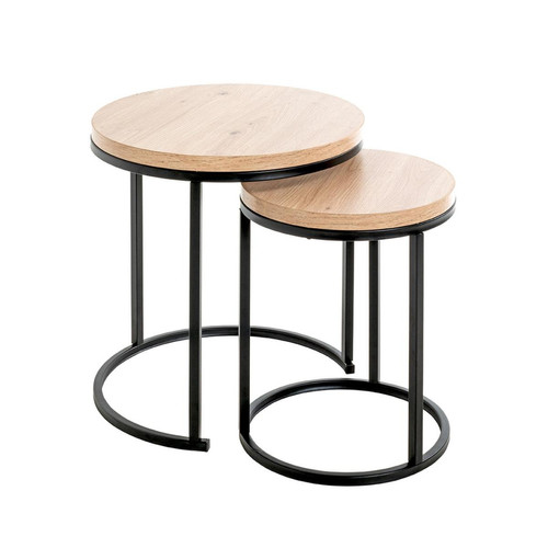 3S. x Home - Lot de 2 tables d'appoint ronde plateau en décor chène - Le salon