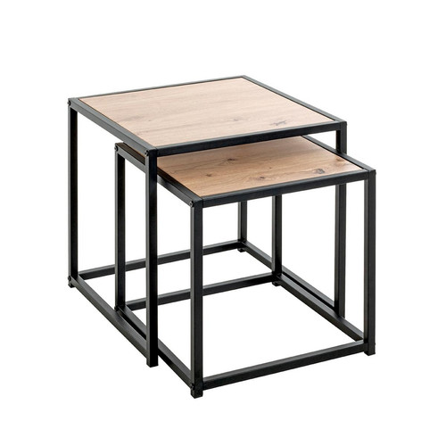 3S. x Home - Lot de 2 tables d'appoint métal noir laqué plateau décor chène - Table d appoint noire