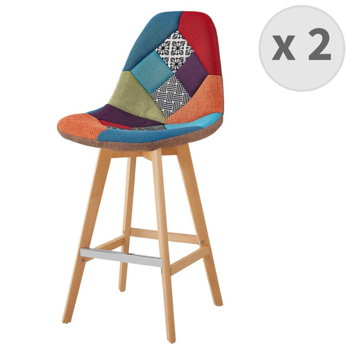 3S. x Home - Lot De 2 Tabourets Scandinave Tissu Patchwork Rouge, pieds en Hêtre - Chaise Et Tabouret Et Banc Design