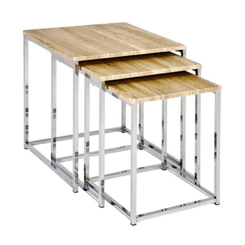 3S. x Home - lot de 3 tables acier chromé effet chêne clair - Table Basse Design