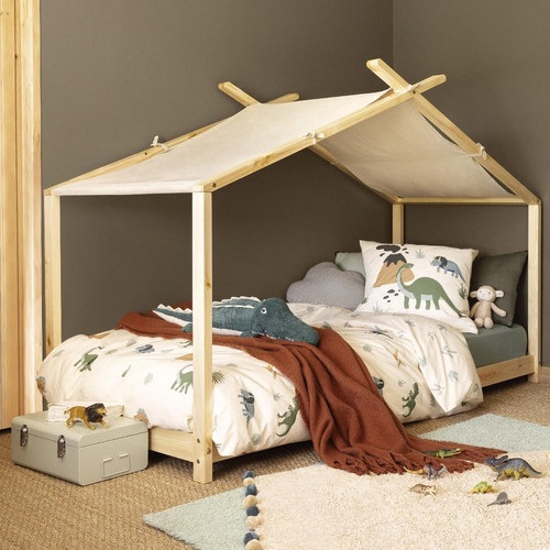 3S. x Home - Parure de lit "Dinosaure" en coton beige imprimé dino - Linge de lit enfant