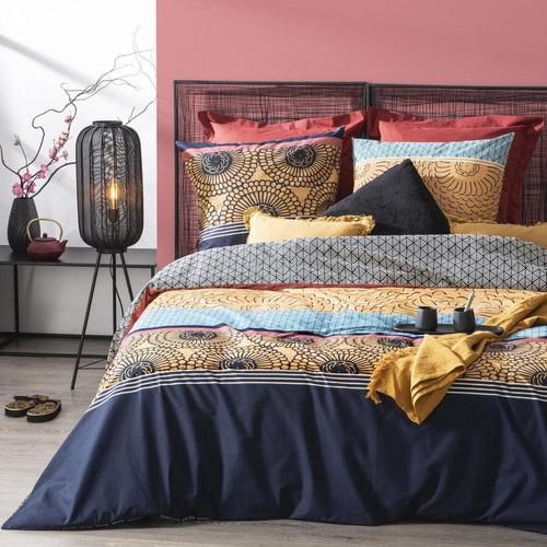 Parure de lit imprimée "Jepang" en percale de coton Jaune Ocre Multicolore 3S. x Home Linge de maison