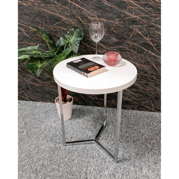 Table d'appoint ronde avec structure en tube d'acier chromé et plateau en MDF décor Blanc brillant 3S. x Home