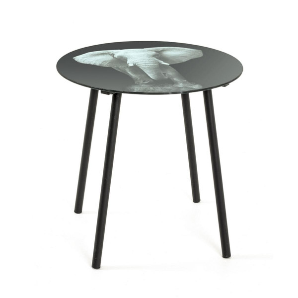 Table d'appoint avec plateau en Verre trempé imprimé motif éléphant en tube d'Acier laqué Noir Noir 3S. x Home Meuble & Déco