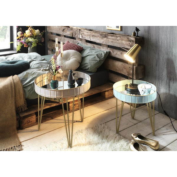 Table d'appoint structure en tube d'acier couleur Bronze et plateau en Métal laqué Gris avec en Verre miroir  3S. x Home