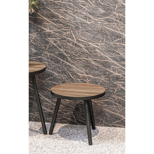 Table d'appoint ronde petit modèle Noir en métal laqué et plateau décor chêne Table basse