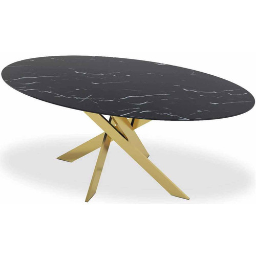 3S. x Home - Table Ovale en Verre Effet Marbre Noir Et Pieds Or - Mobilier Deco