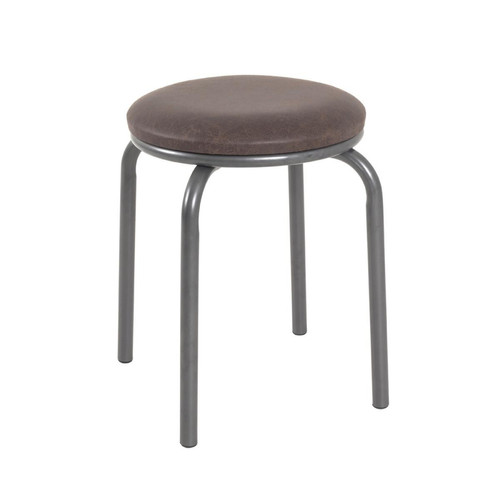 3S. x Home - Tabouret rond empilable assise en tissu simili cuir marron vintage - Nouveautés Meuble Et Déco Design