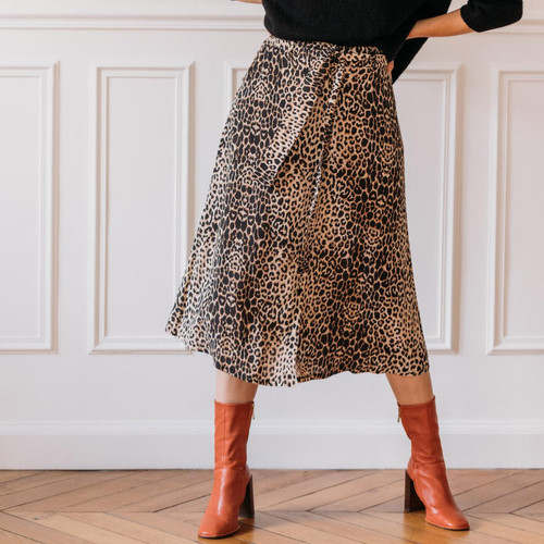3S. x Le Vestiaire - Jupe mi-longue boutonnée devant leopard - Mode Femme Fabriquée en France