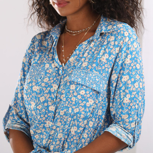 Robe chemise ceinturée imprimée bleu en viscose 3S. x Le Vestiaire Mode femme