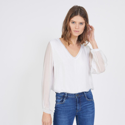 3S. x Le Vestiaire - Tee-shirt manches longues doublure soie - Promo vetements femme blanc