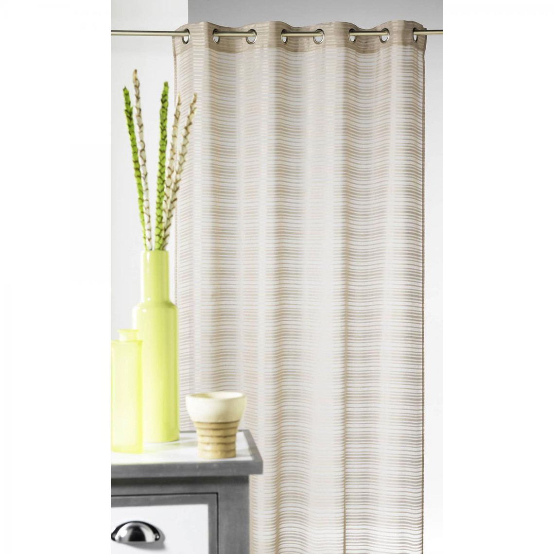 Rideau rayures horizontales à oeillets polyester Happy Home Maison - Beige