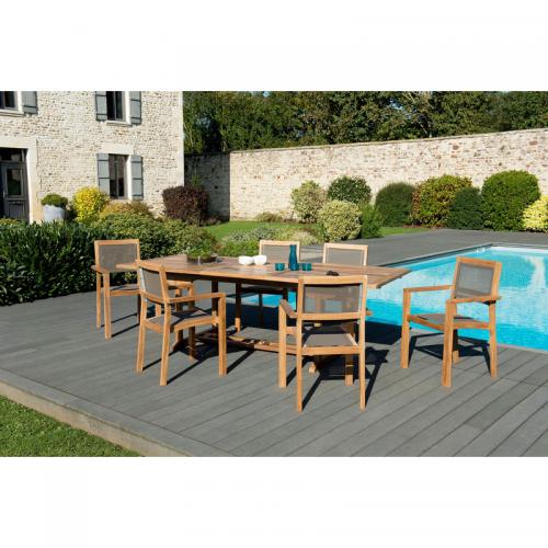 Macabane - Ensemble table rectangulaire extensible + 6 fauteuils empilables en teck massif et textile - Teck - Ensemble Table Et Chaise Design