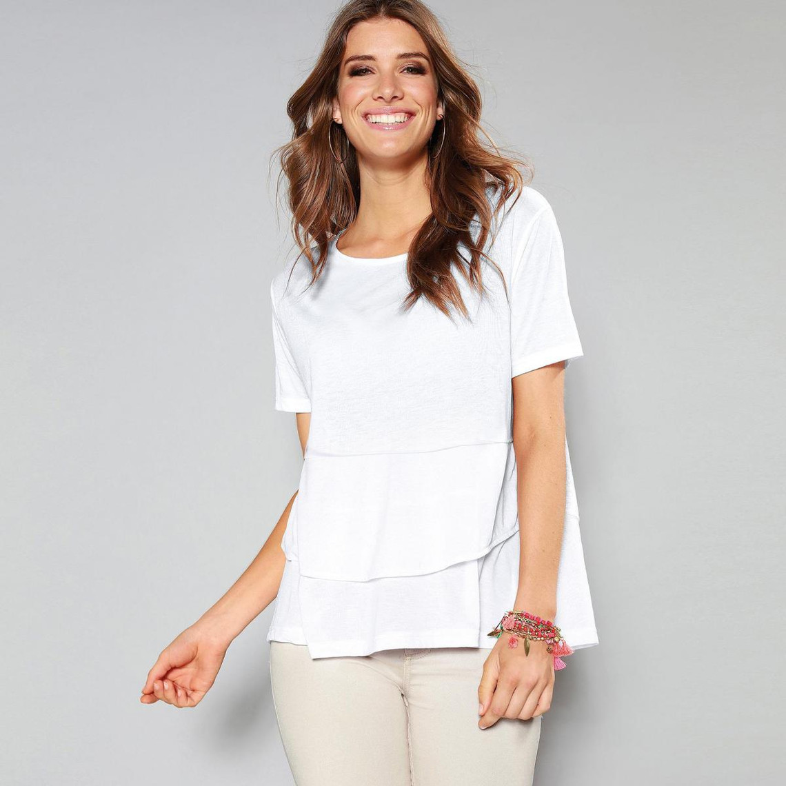 tee-shirt manches courtes bas volanté femme - blanc en coton