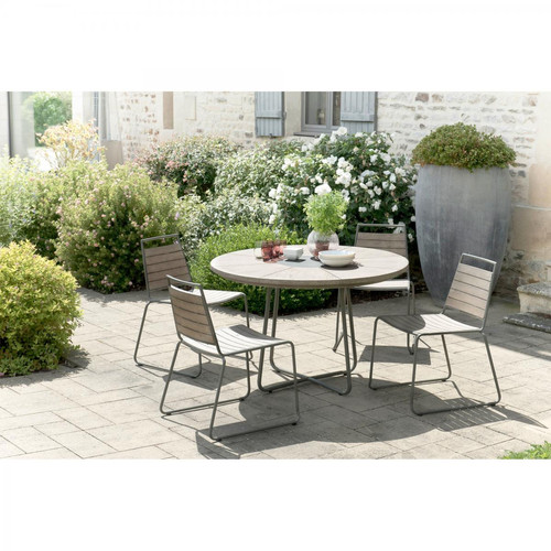 Macabane - Ensemble table ronde + 4 chaises empilabes en teck massif et métal - Le jardin