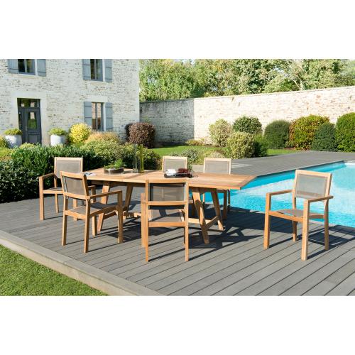 Macabane - Ensemble rectangulaire extensible + 6 fauteuils empilables en teck massif et textile - Le jardin