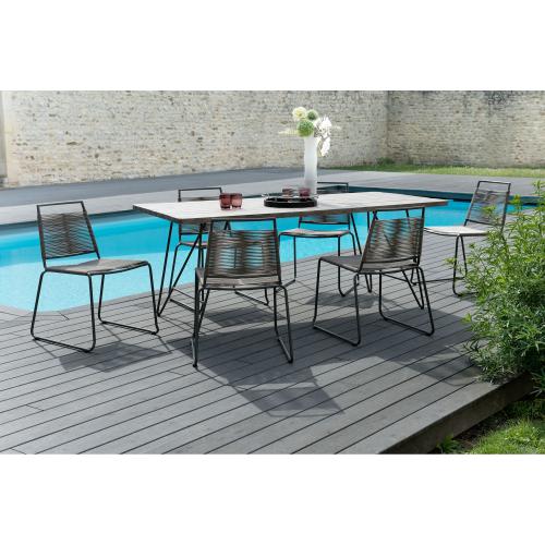 Macabane - Ensemble table rectangulaire + 6 chaises empilables en métal et cordage synthétique - Ensemble table, chaise