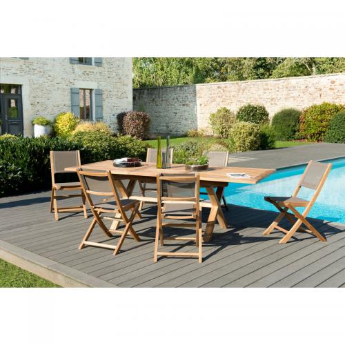 Macabane - Ensemble rectangulaire extensible + 6 chaises pliantes en teck massif et textile - Teck - Ensemble Table Et Chaise Design