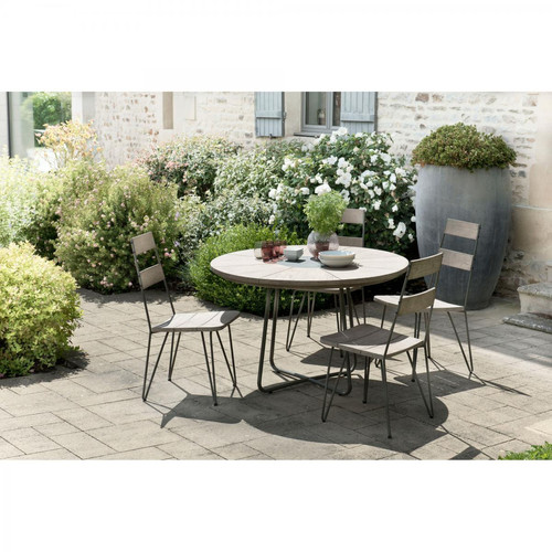 Macabane - Ensemble table ronde + 4 chaises en teck massif et métal - Le jardin