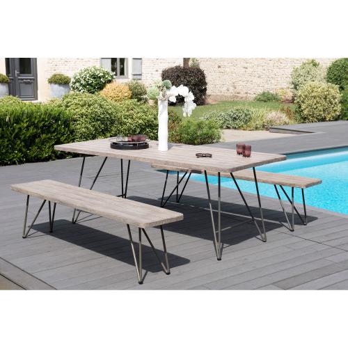 Macabane - Ensemble table rectangulaire + 2 bancs en teck massif et pieds épingle en métal - Ensemble table, chaise