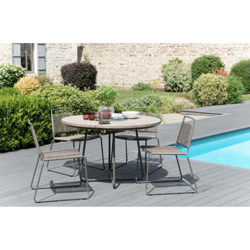 Macabane - Ensemble table ronde + 4 chaises empilables en métal et cordage synthétique - Ensemble table, chaise