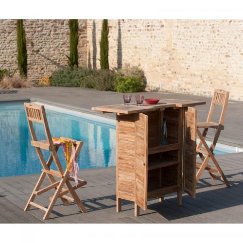 Macabane - Bar 2 portes avec rangements en teck massif - Teck - Ensemble table, chaise