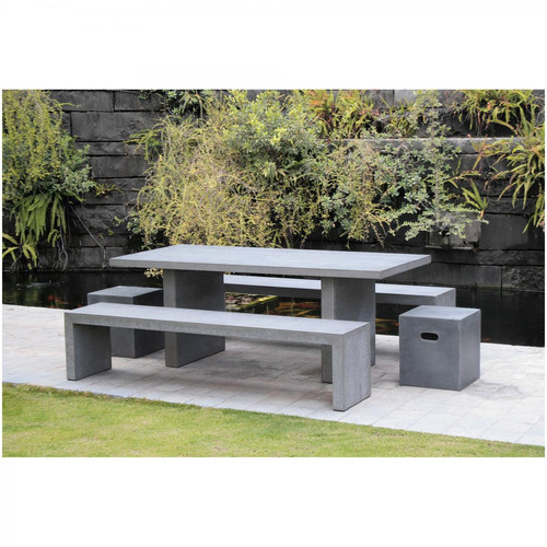 Macabane - Ensemble table rectangulaire + 2 bancs en fibre de ciment - Mobilier Deco