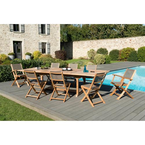 Macabane - Ensemble table rectangulaire double extension + 6 chaises pliantes + 2 fauteuils pliants en teck massif et textile - Le jardin