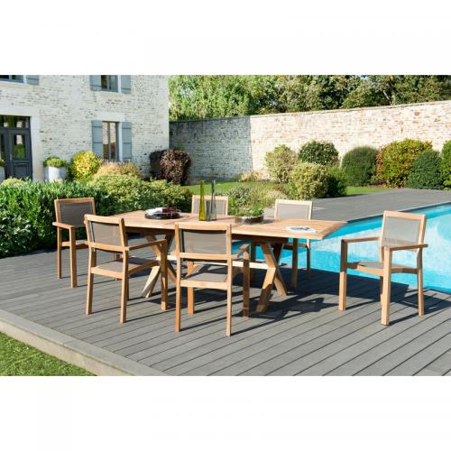 Macabane - Ensemble table rectangulaire extensible + 6 fauteuils empilables en teck massif et textile - Teck - Ensemble table, chaise