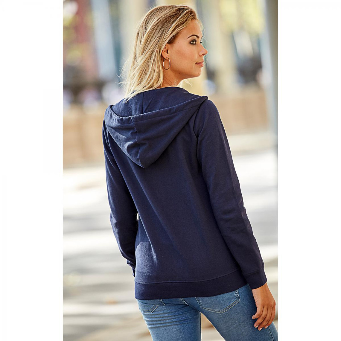 Sweat zippé à capuche poche kangourou femme - Bleu marine en coton