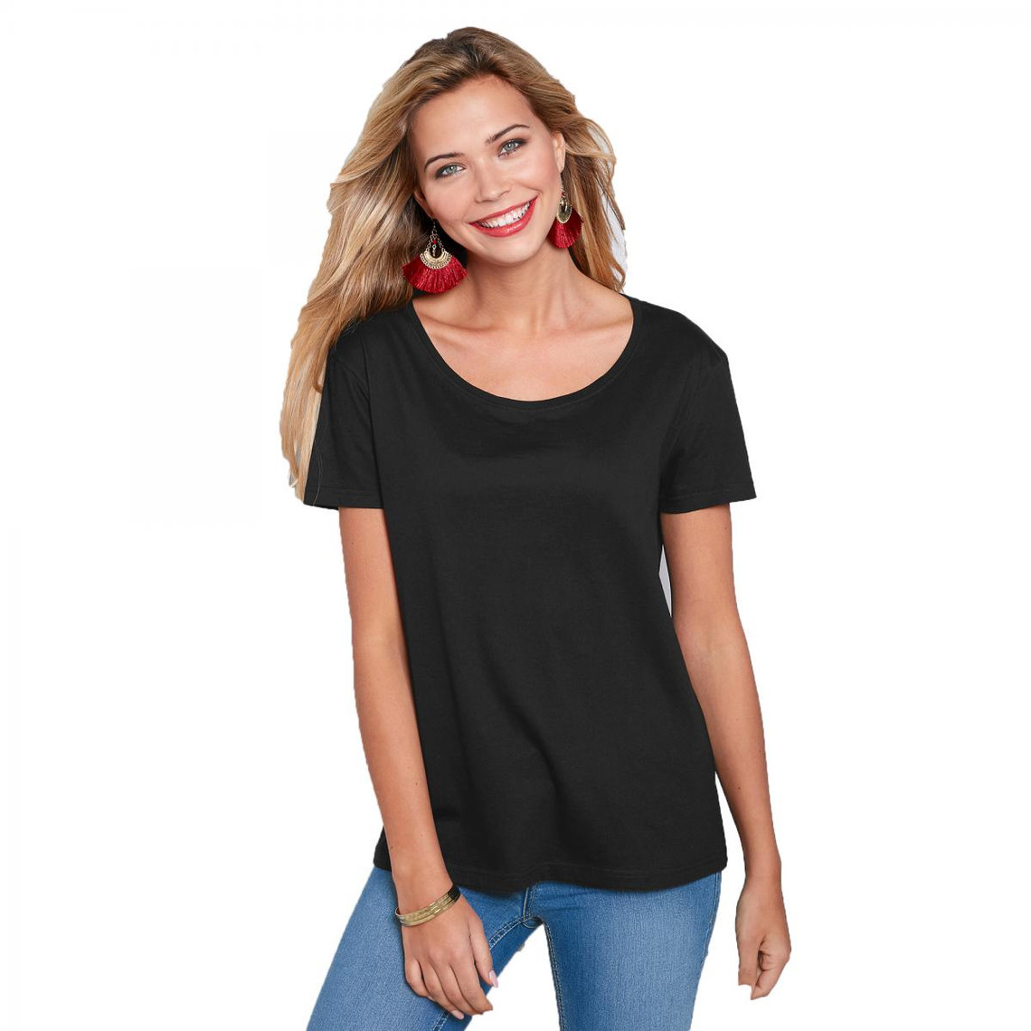 tee-shirt asymétrique fendu manches courtes femme noir en coton