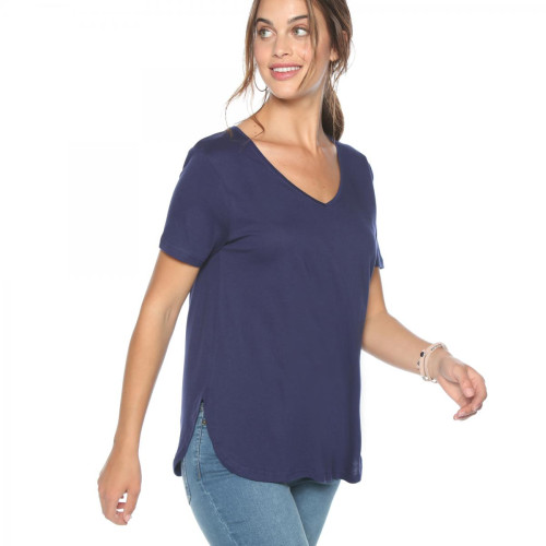 Venca - Tee-shirt col V manches courtes bas arrondi femme Bleu - T-shirt manches courtes femme