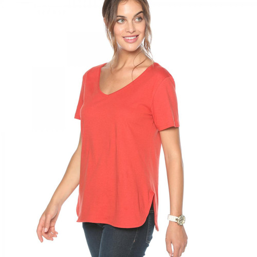 Venca - Tee-shirt col V manches courtes bas arrondi femme Rouge - T shirt femme col v