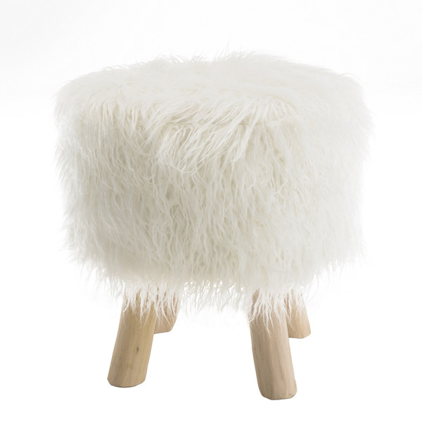 Tabouret rond 40x40cm peau de mouton couleur ivoire pieds bois SACHA MACABANE