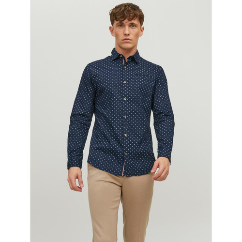 Jack & Jones - Chemise à boutons Slim Fit Col chemise Manches longues Bleu Marine en coton Ethan - Toute la mode