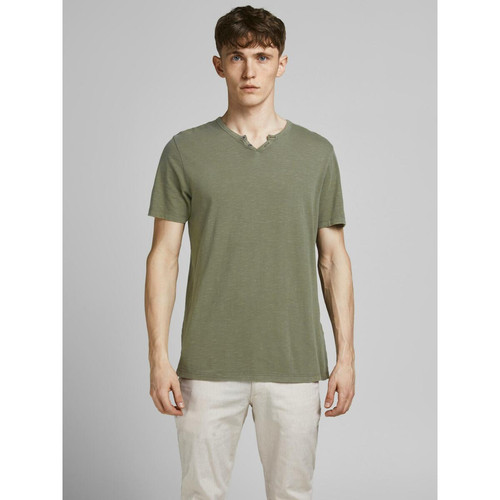 T-shirt Standard Fit Col fendu Manches courtes Marron vert en coton Jack & Jones LES ESSENTIELS HOMME