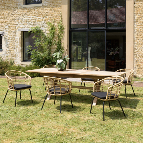 Macabane - Salon de jardin 6 personnes table rectangulaire et 6 fauteuils beiges et noires - Salon De Jardin Design