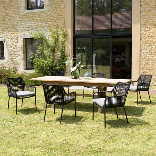 Macabane - Salon de jardin 6 personnes table rectangulaire et 6 fauteuils gris et noirs - Salon De Jardin Design