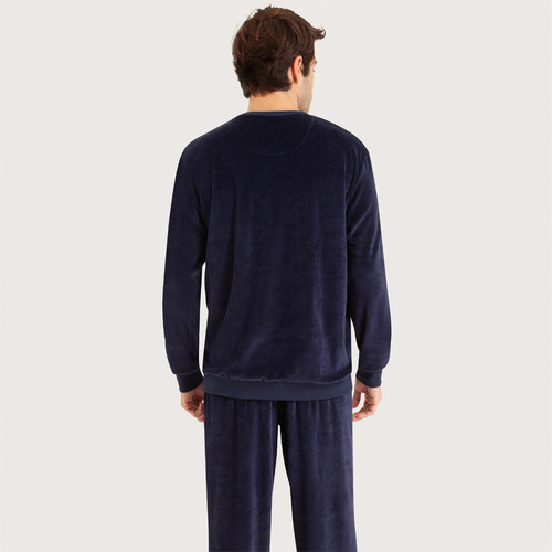 Pyjama long col rond homme Velours bleu en coton Eminence