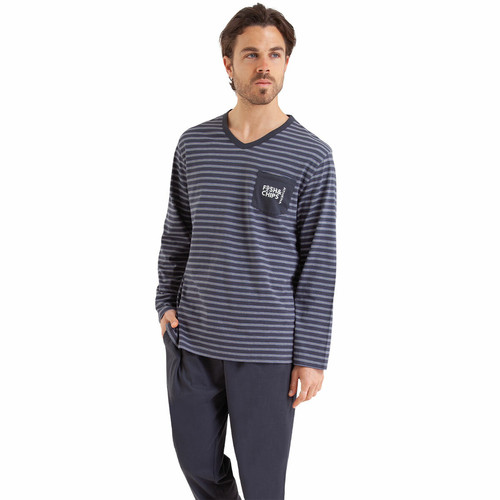 Athéna - Pyjama long Rayures Fish & Chips gris en coton pour homme  - French Days